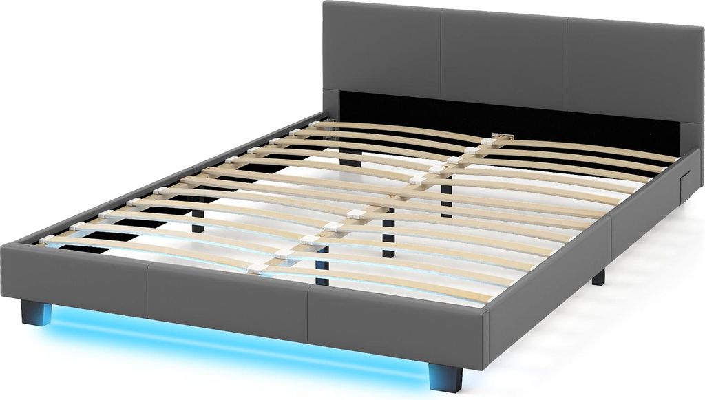 COSTWAY 140x200cm Polsterbett mit LED Beleuchtung, Bett Doppelbett Bettrahmen mit Lattenrost & Kopfteil aus Kunstleder, nur Bettgestell Grau