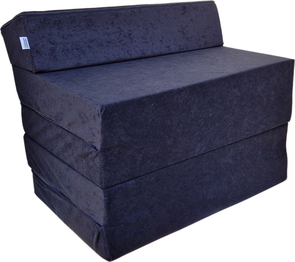 A dark gray foldable mattress is shown from a diagonal angle against a white background.