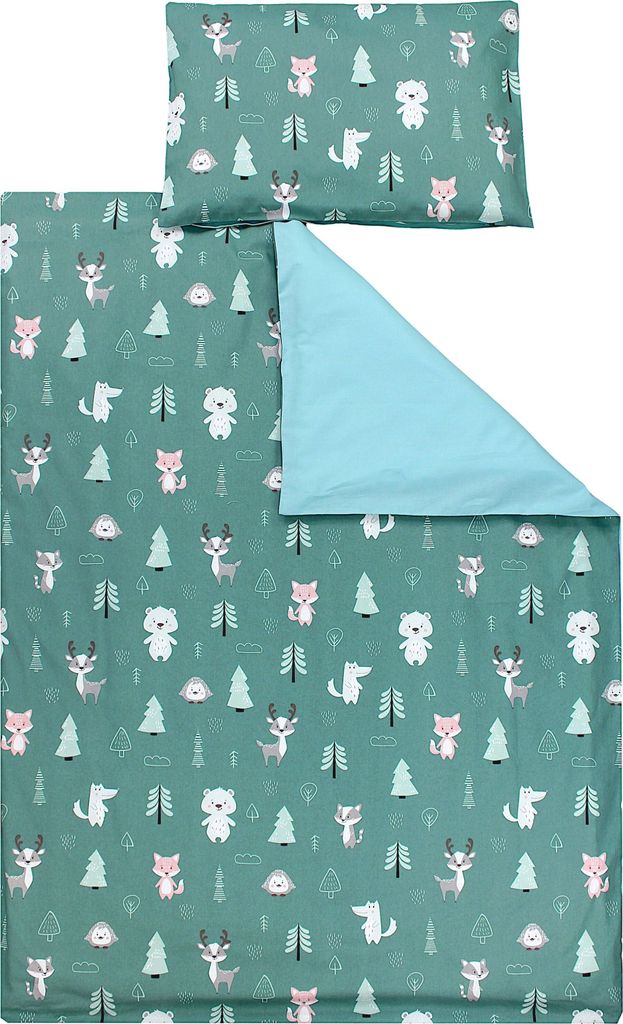 TupTam Kinder Bettwäsche Gemustert 2-Teilig Wendebettwäsche, Farbe: Wald / Fuchs / Reh / Igel / Bärchen / Grün / Mint, Größe: 135x100 cm