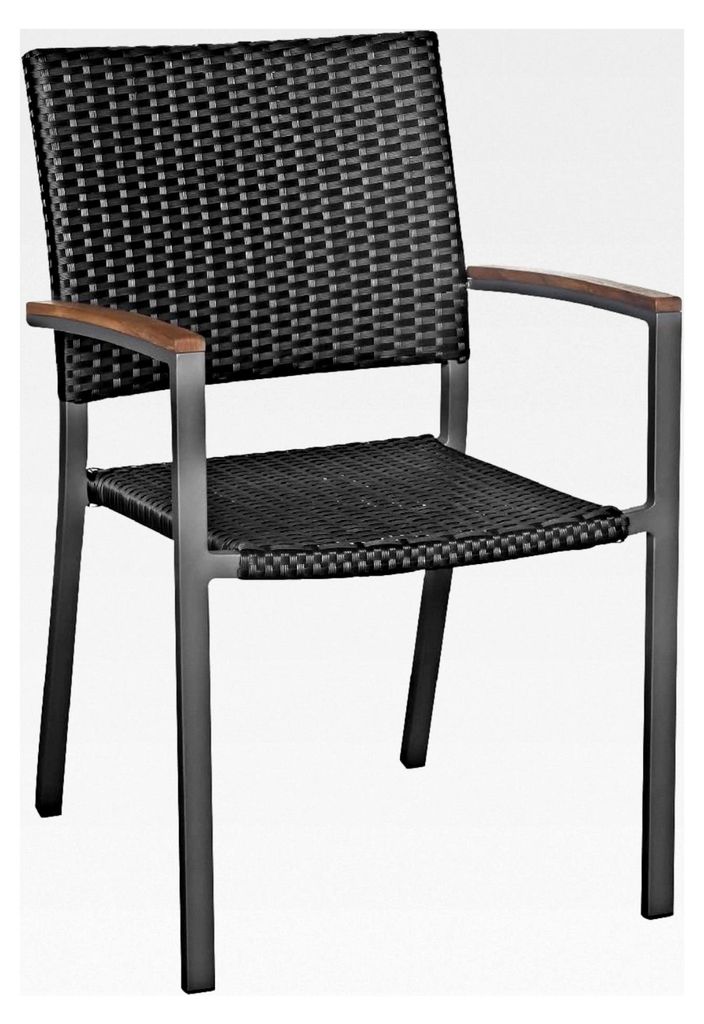 Gartenstuhl mit Armlehne, Aluminium/PE-Rattan/Teakholz, 54,5x59,5x86 cm, stapelbar, wetterfest, 150 kg Tragkraft, Schwarz