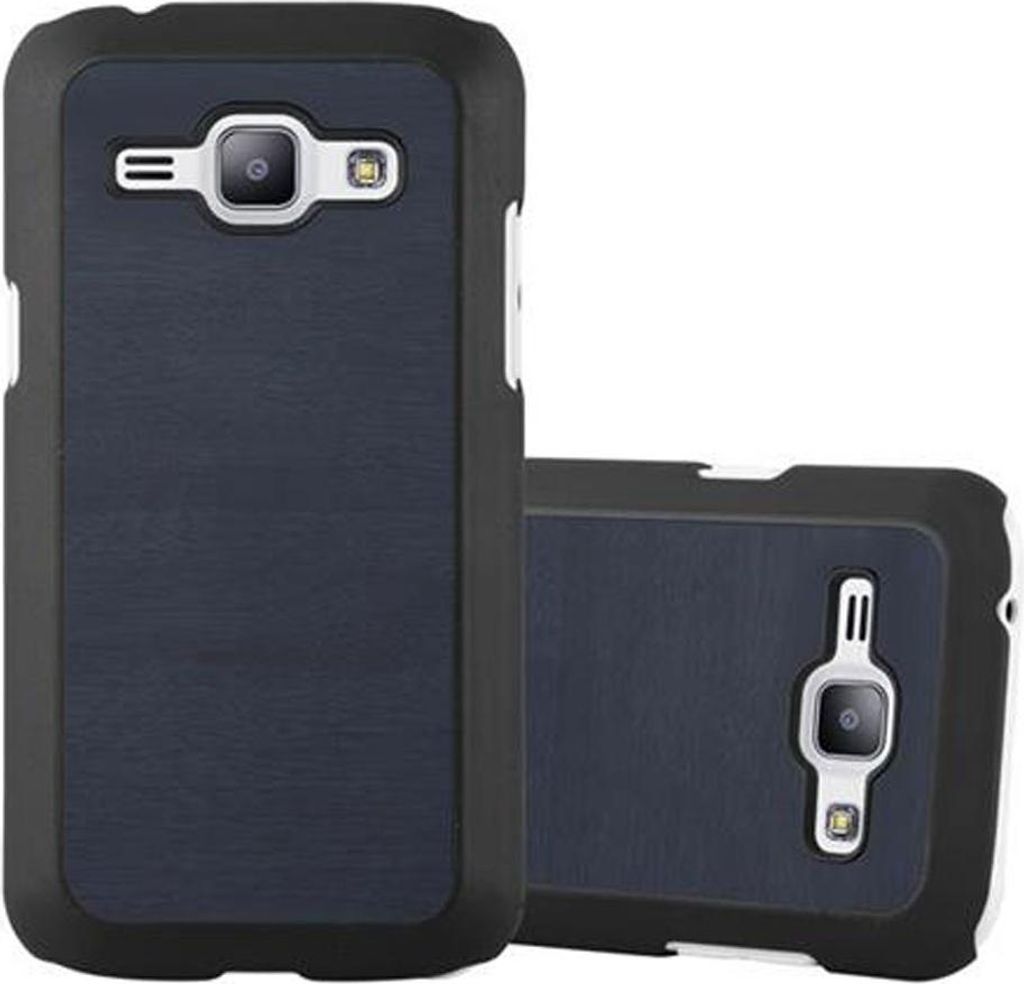 Cadorabo Hülle für Samsung Galaxy J1 2015 Schutz Hülle in Blau Hard Case Etui Holz Optik Handyhülle