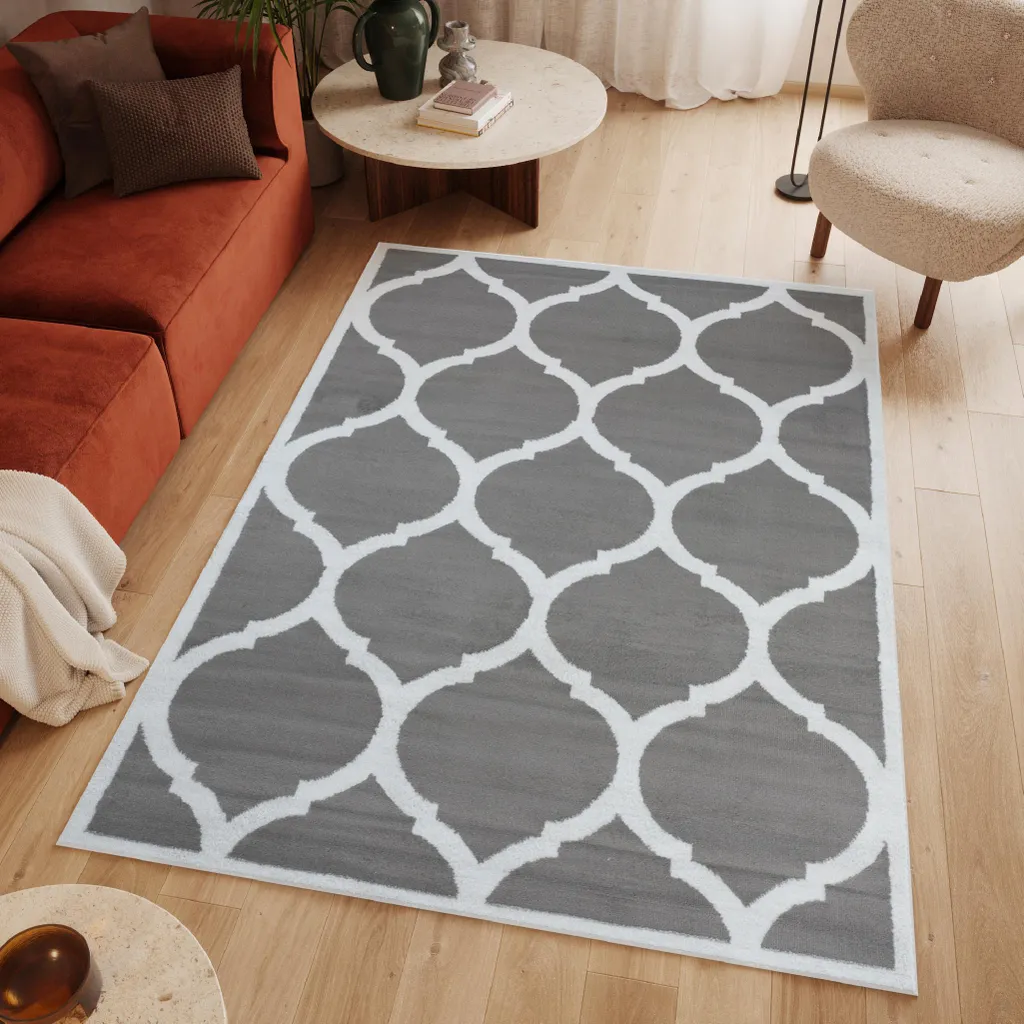 Tapis Géométrique Blanc Gris 250x350 cm : Confortable et Anti-Tache
