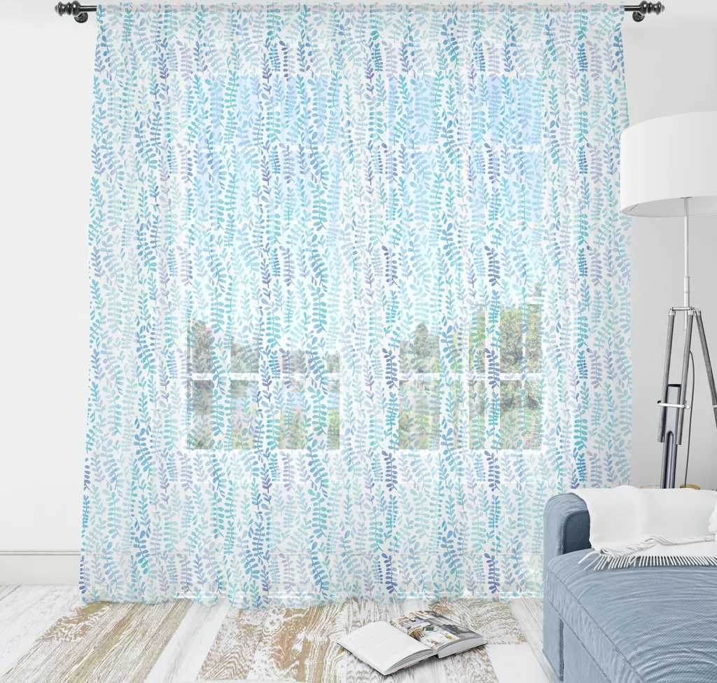 Grande tapisserie satinée fluide motif branche aquarelle 240x274 cm aqua