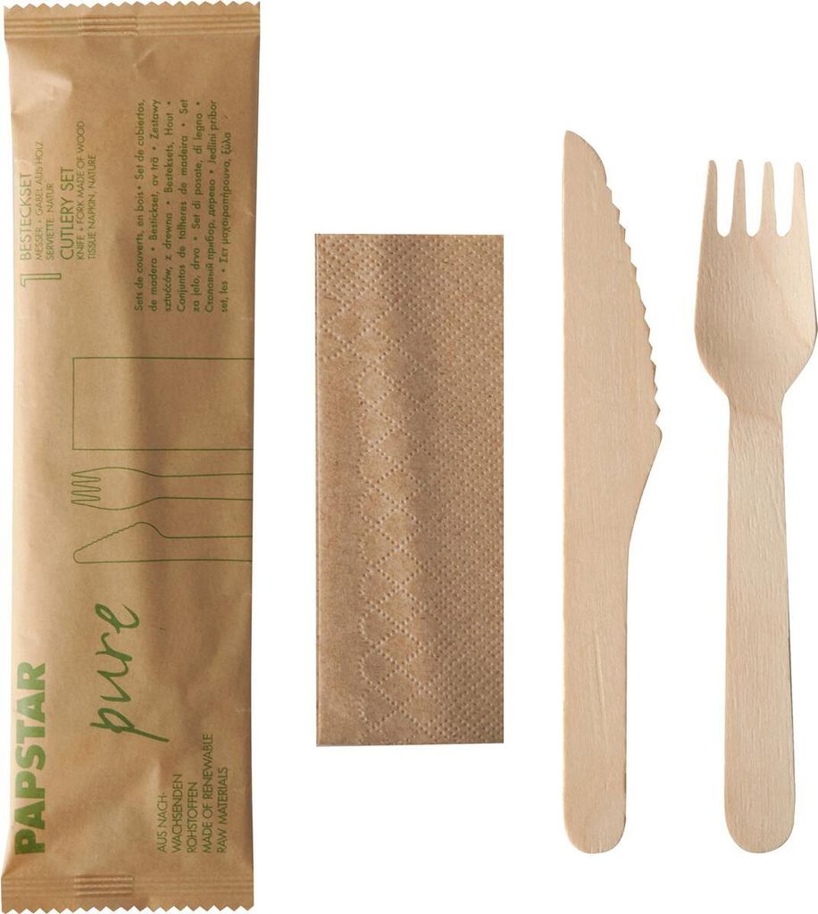 A disposable cutlery set consisting of a knife, fork, and napkin, presented in a brown paper wrapper.