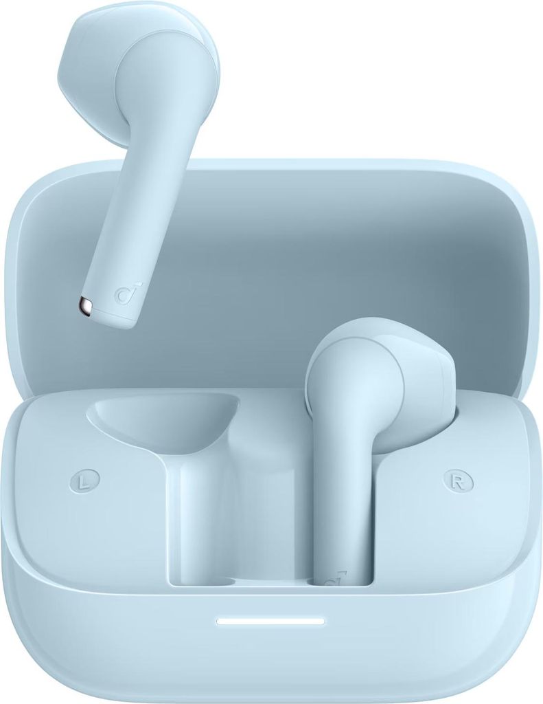 A pair of light blue wireless earbuds in their charging case.