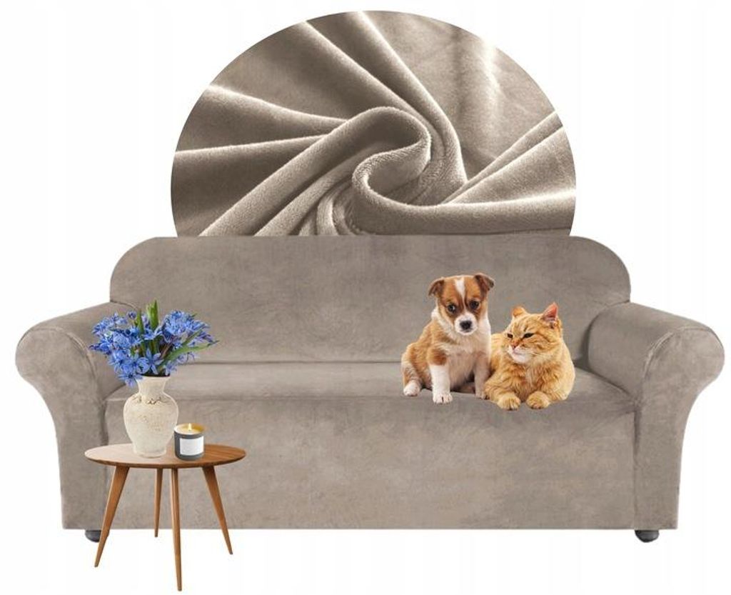 Sofabezug 3 Sitzer 190-230cm - Beige - Samt - Stretch Produktbild 