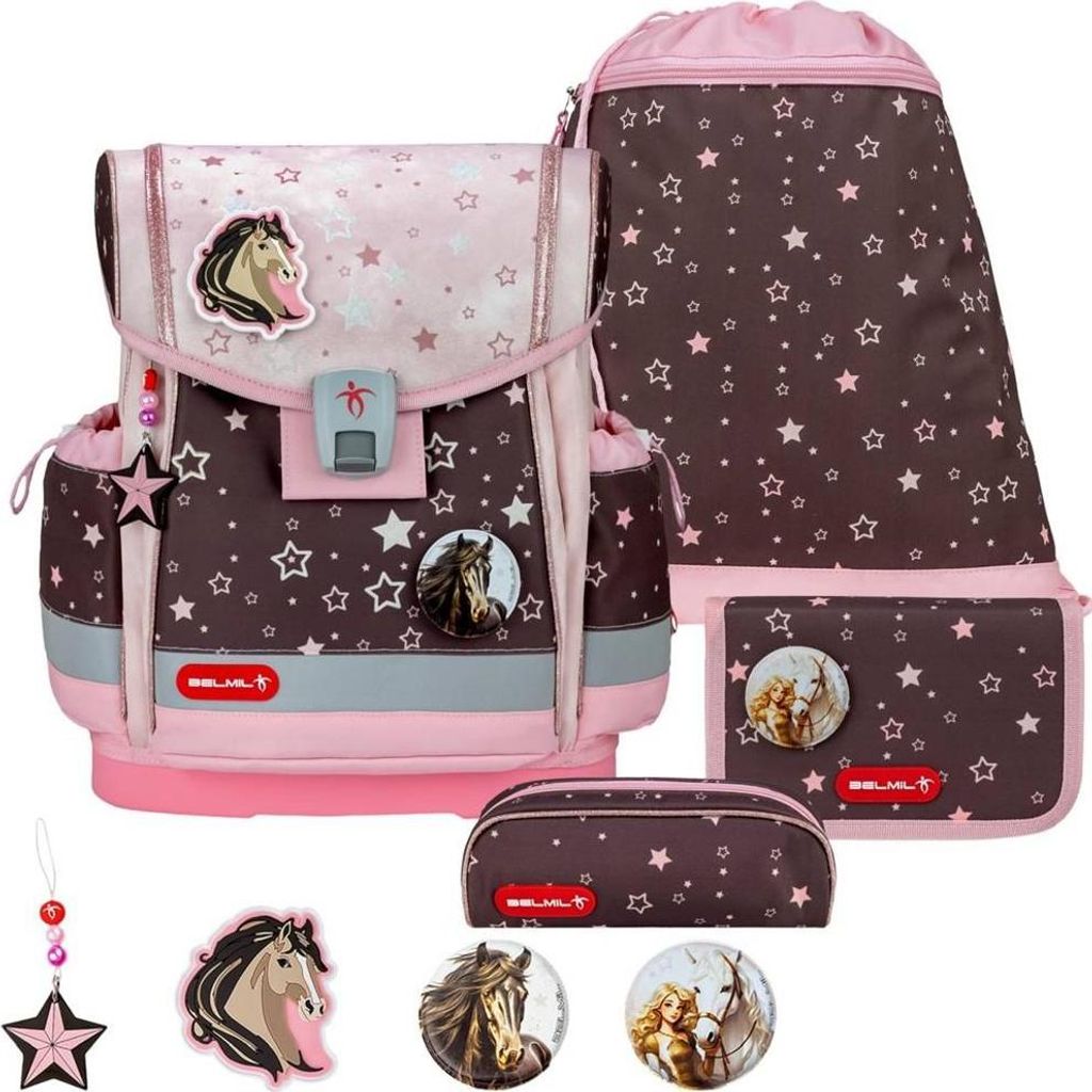 Belmil Classy Plus ergonomisches Schulranzen-Set 5-teilig "Champion Horses" mit Brustgurt, Magnetverschluss, Patch Set 3 Stück