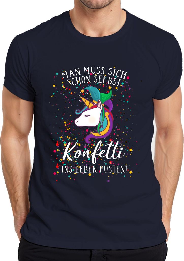 Man muss sich schon selbst Konfetti ins Leben pusten Einhorn Herren T-Shirt, Navy, L
