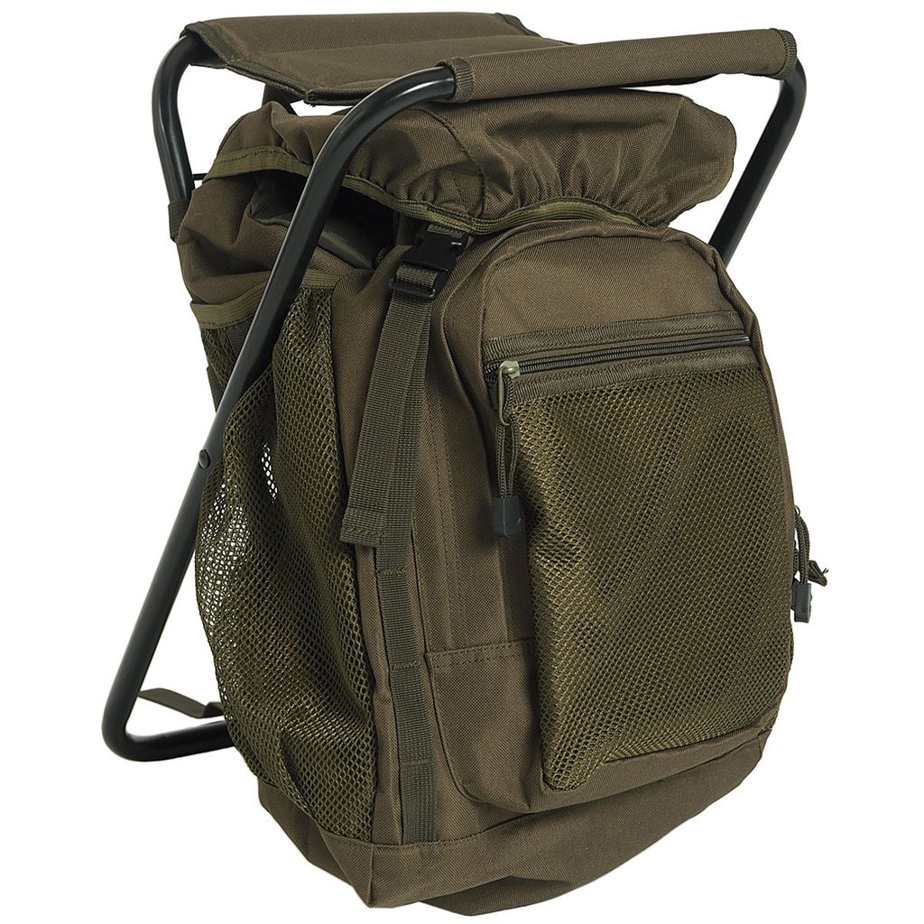 A product shot of a hunting backpack with an integrated stool.