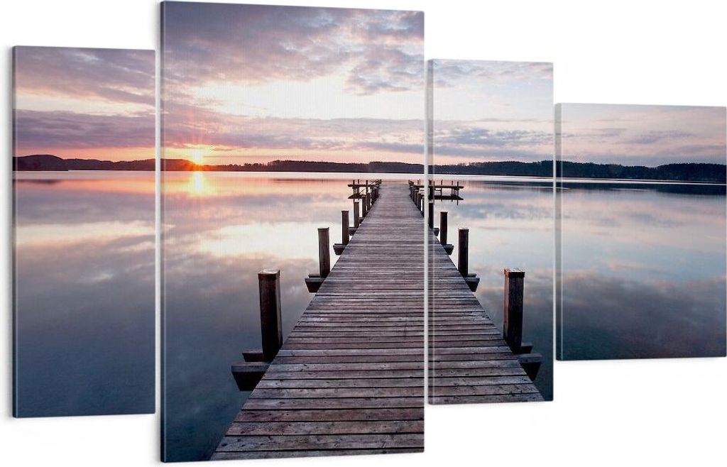 Bild auf Leinwand - Leinwandbild - Fußgängerbrücke See Sonnenuntergang Abend - 120x70cm - Wand Bild - Wanddeko - Leinwanddruck - Bilder - Kunstd...