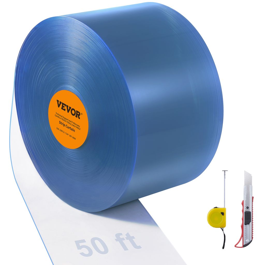 VEVOR Streifenvorhang, 50' Länge x 8" Breite x 0,08" Dicke, durchsichtige glatte PVC-Streifenvorhang-Tür-Großrolle, Kunststoff-Türstreifen Tier...