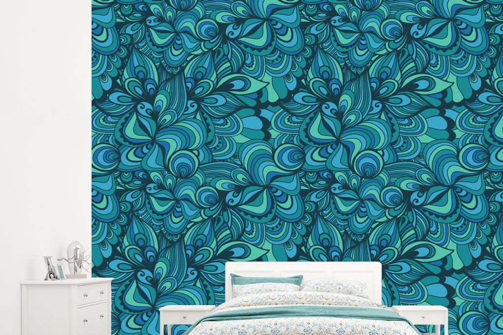 MuchoWow Fototapete für Wohnzimmer oder Schlafzimmer Wandtapete Vinyl Motivtapete Design - Vintage - Blau - Türkis - 265x240 cm - Zimmer für K...