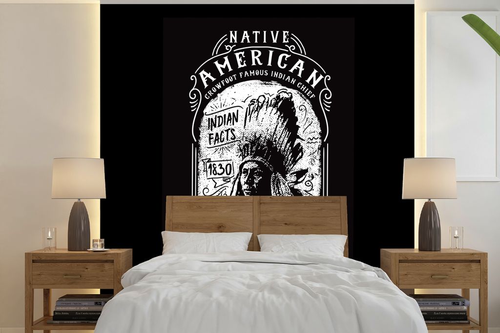 MuchoWow Fototapete für Wohnzimmer oder Schlafzimmer Wandtapete Vinyl Motivtapete Indisch - Retro - Zitat - Schwarz - Weiß - 300x300 cm - Wandd...