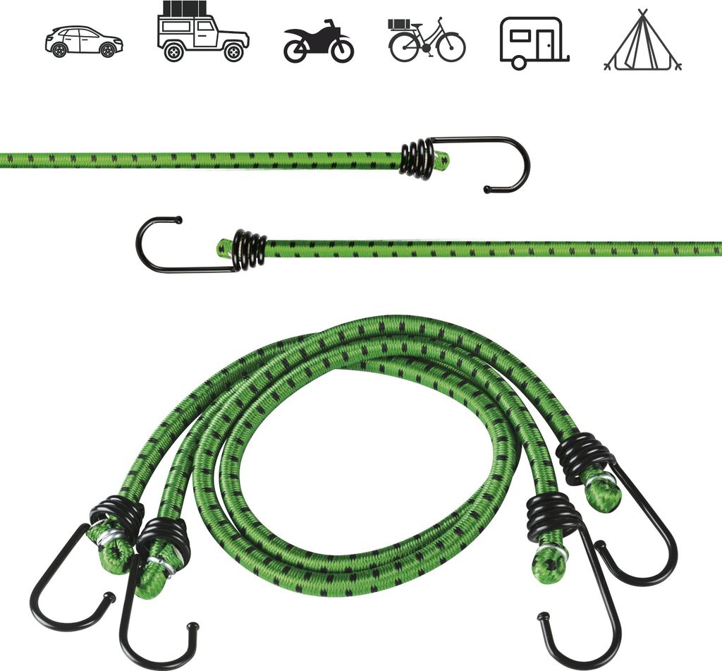 WALSER Gepäckspanner mit Haken, Spanngummi-Set 2x 60cm grün, 2 Spanngurte mit Haken, Gepäckriemen, Spannseil, Expander-Set, Gummi-Spanner grün