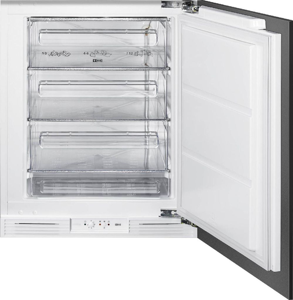 An open freezer with multiple transparent drawers.