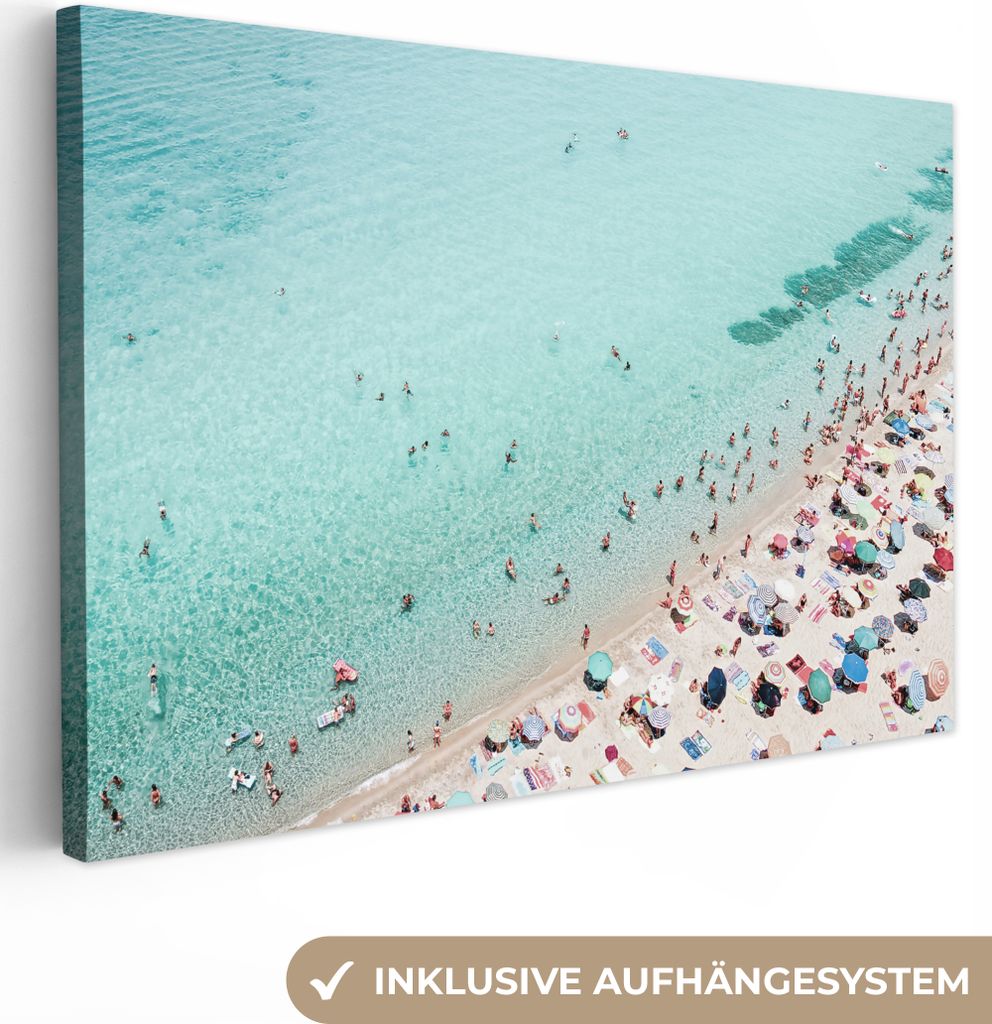 OneMillionCanvasses - Leinwandbilder - 140x90 cm, Meer - Strand - Sonnenschirme - Blau - Sommer, Wandbilder Kunstdruck Wanddekoration - Foto auf ...