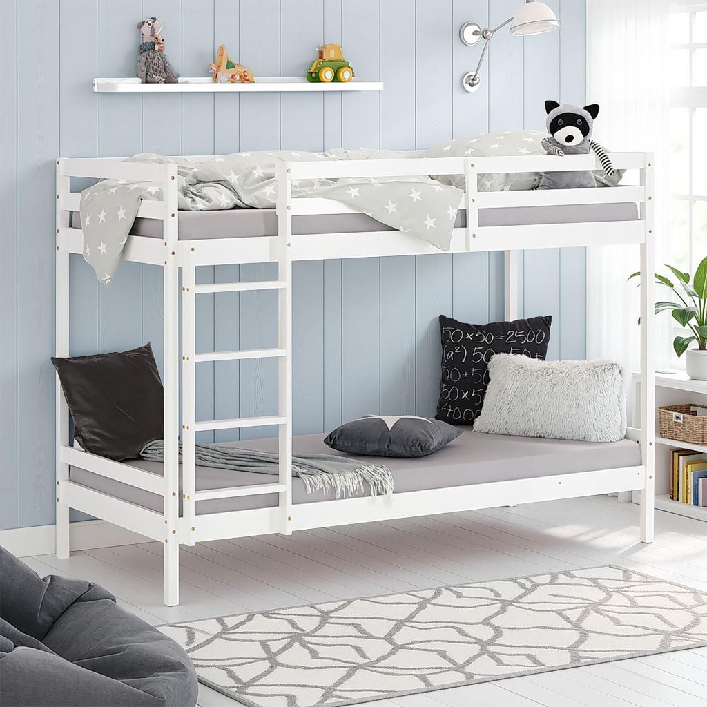 Homestyle4u Kinder Hochbett 90x200 cm Weiß – Etagenbett Leiter links/rechts – 2 Rollroste