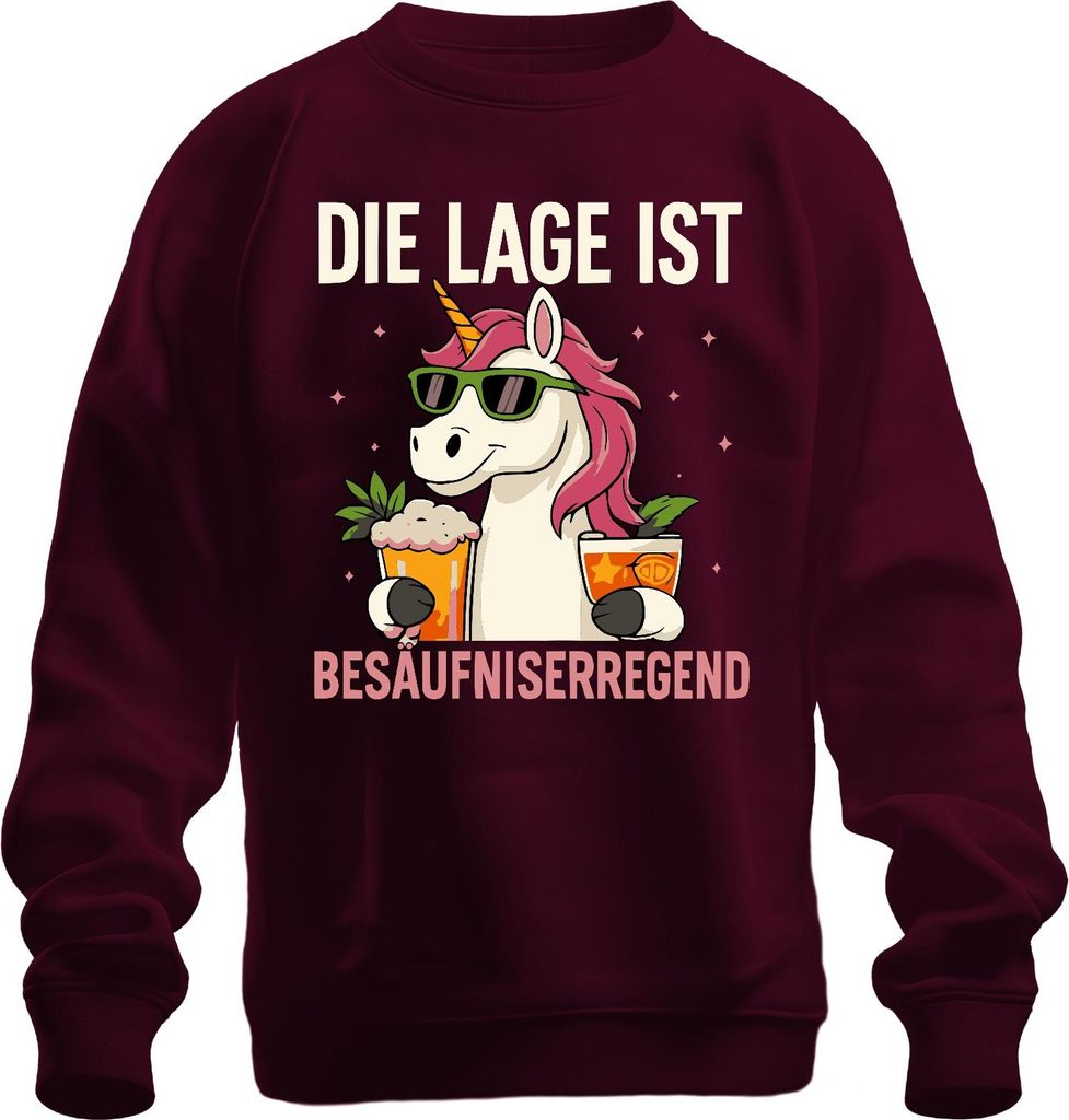 Die Lage ist besäufniserregend Einhorn Bier Party Cocktail Lustig Uni Sweatshirt Pullover, Burgundy, XL