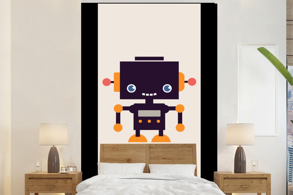 MuchoWow Fototapete für Wohnzimmer oder Schlafzimmer Wandtapete Vinyl Motivtapete Roboter - Antenne - Orange - Beige - Kind - Kinder - 120x240 c...