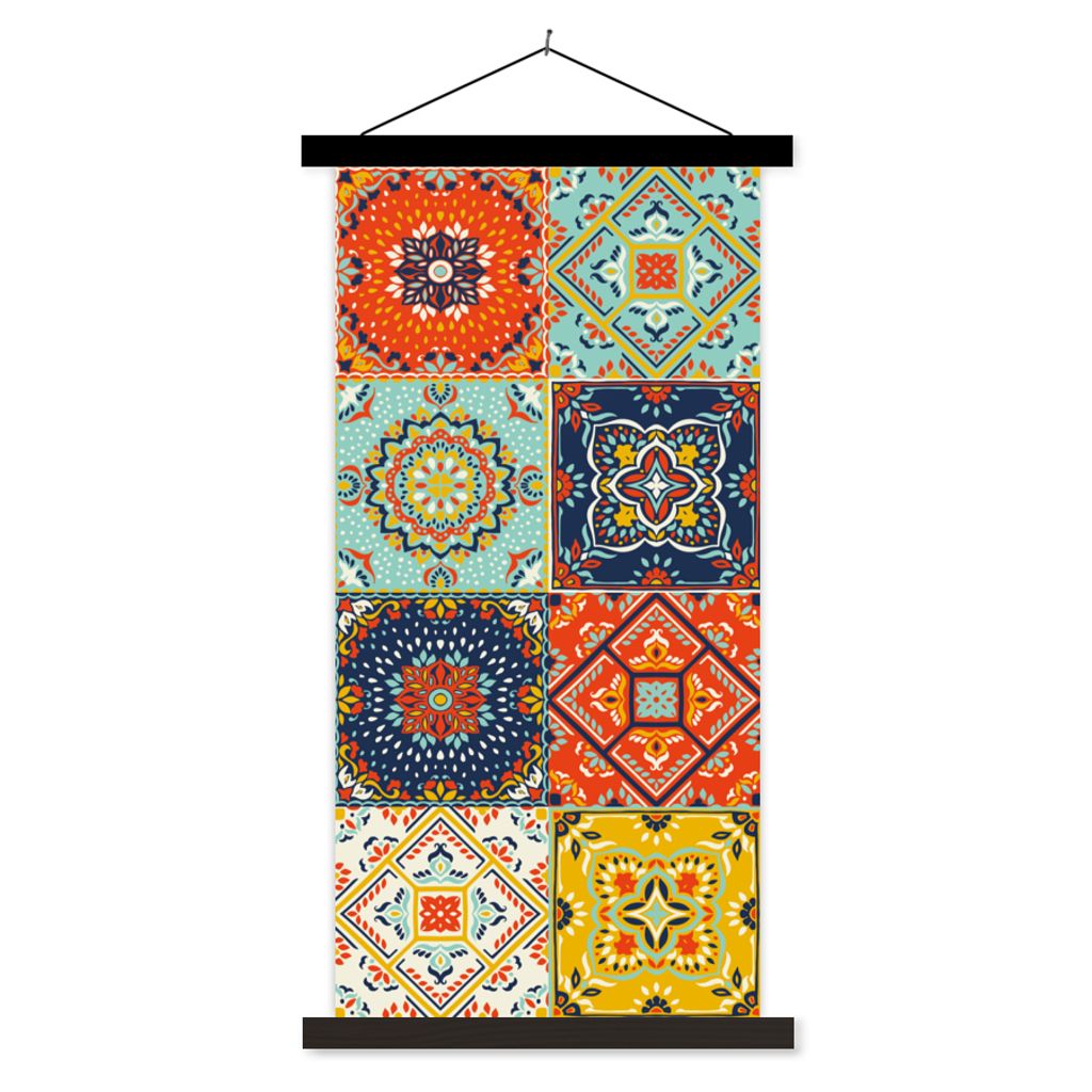 MuchoWow Textilposter Vintage - Blumen - Muster - Weiß - Orange 40x80 cm mit schwarzem Rahmen - Wandemalerei