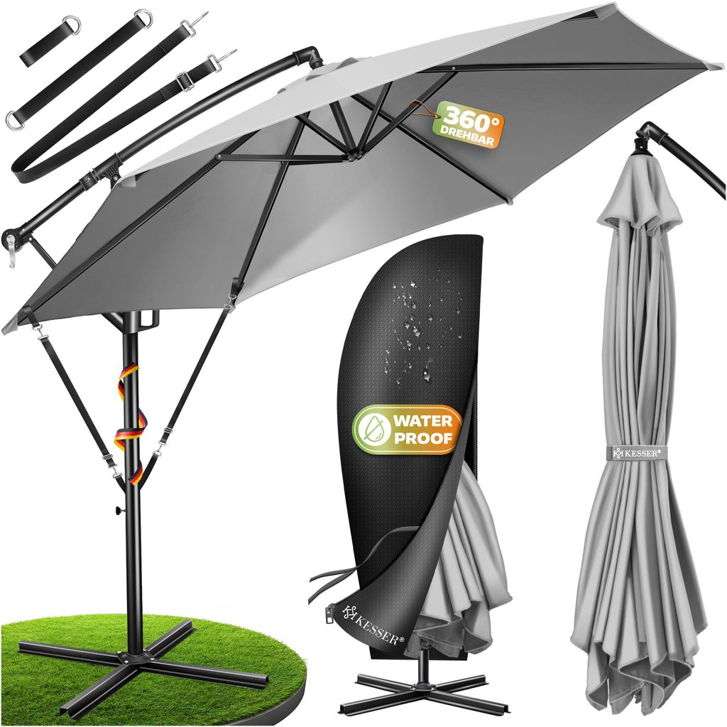 KESSER Alu Ampelschirm Sonnenschirm + Abdeckung Ø300 cm / Ø350 cm mit Kurbelvorrichtung Kurbelschirm mit Ständer UV-Schutz Aluminium Wasserabw...