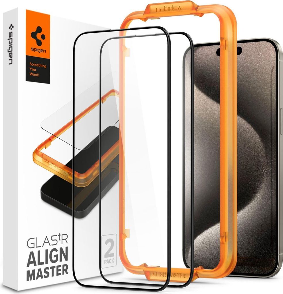 A product shot of a Spigen Glas.Tr Align Master screen protector kit for an iPhone 15 Pro Max, including the packaging, the alignment tool, and two screen protectors.