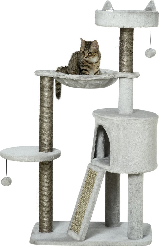 PawHut Kratzbaum Katzenkratzbaum mit Sisalsäule Katzenhöhle 113 cm Katzenbaum mit Rampe Spielbaum mit Katzenspielzeug Hängematte Hellgrau