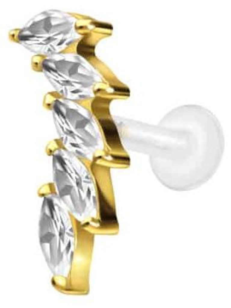 Ohrpiercing, Nasenpiercing PTFE Labret mit Innengewinde + Titan-Aufsatz 5 EINGEFASSTE KRISTALLTROPFEN Gold Stablänge: 5mm | Stabstärke: 1,2mm