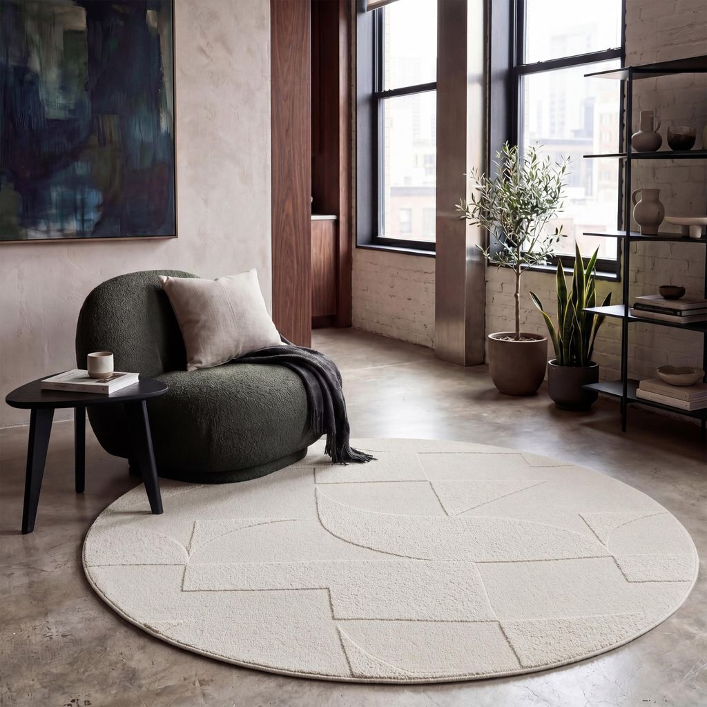 Teppich Wohnzimmer Hochflor Skandi Muster Boho Optik Uni 3D Produktbild 