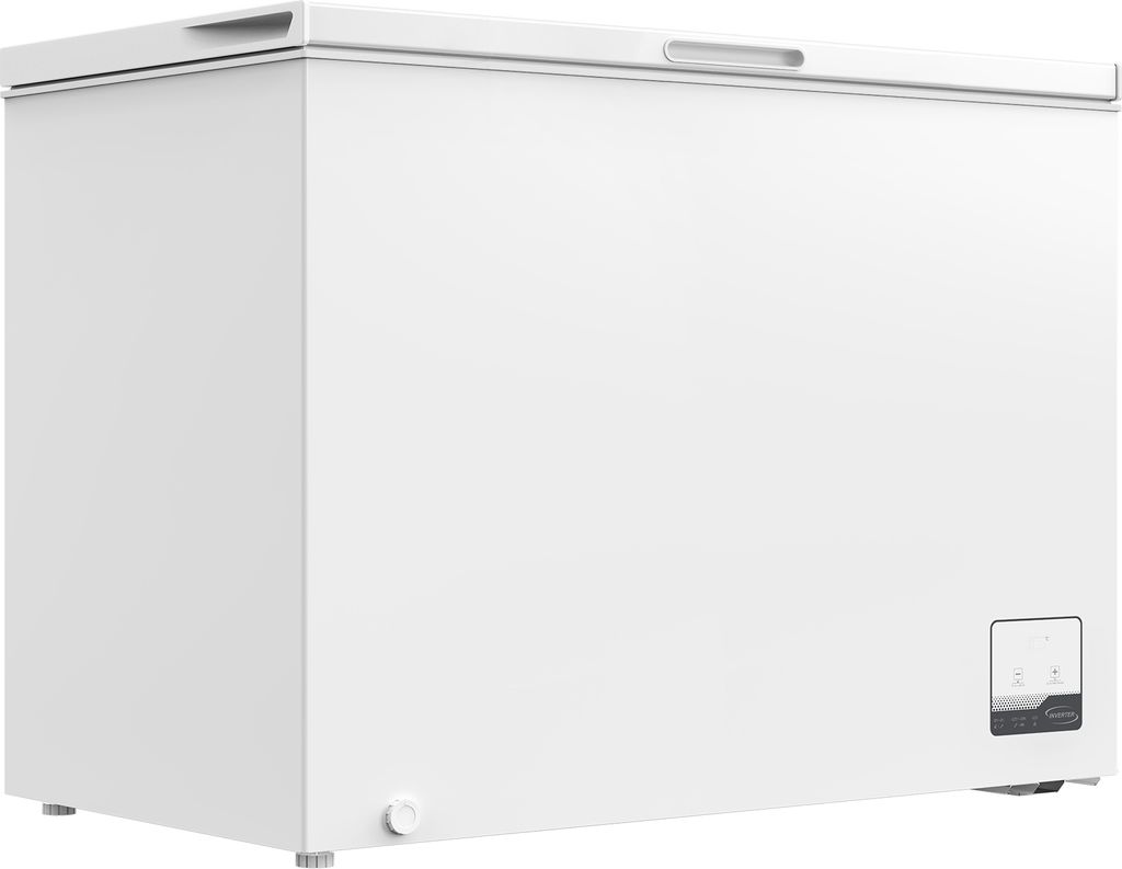 A white chest freezer is shown from a three-quarter side view against a white background.