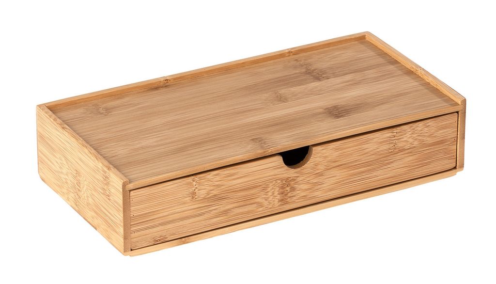 A bamboo storage box with a drawer is shown against a white background.
