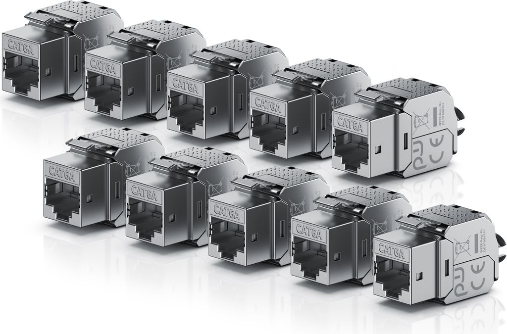 Primewire 10x Netzwerk-Adapter RJ-45 (Ethernet), Buchse zu Netzwerkkabel, CAT.6a Keystone Modul für LAN Kabel, RJ45 Buchse, feldkonfektionierbar