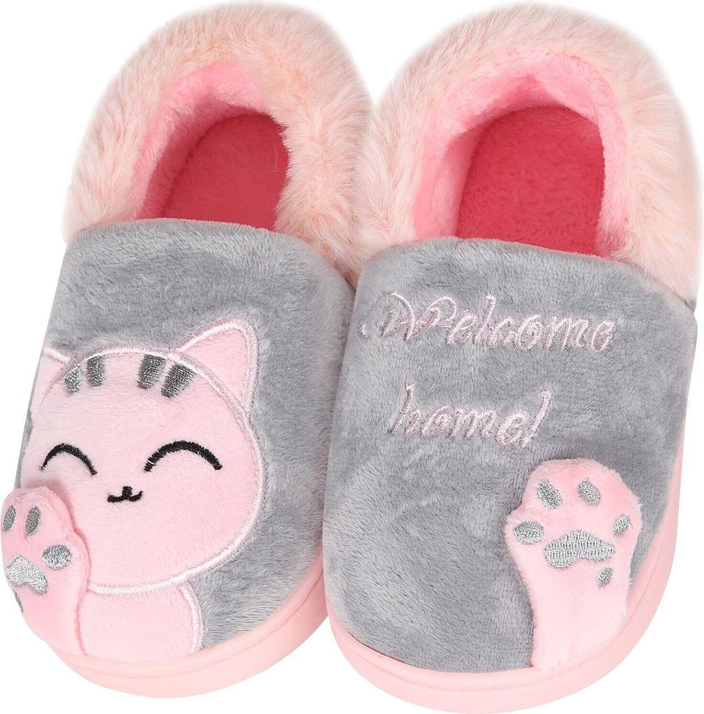 ASKSA Maedchen Jungen Pluesch Baumwolle Hausschuhe Kinder Winter Warme Gefuettert weiche Pantoffeln mit Cartoon Katze rutschfeste Slippers Hause In...