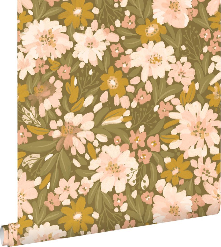 ESTAhome Tapete Blumen Olivgrün, Hellrosa und Senfgelb 50 x 900 cm