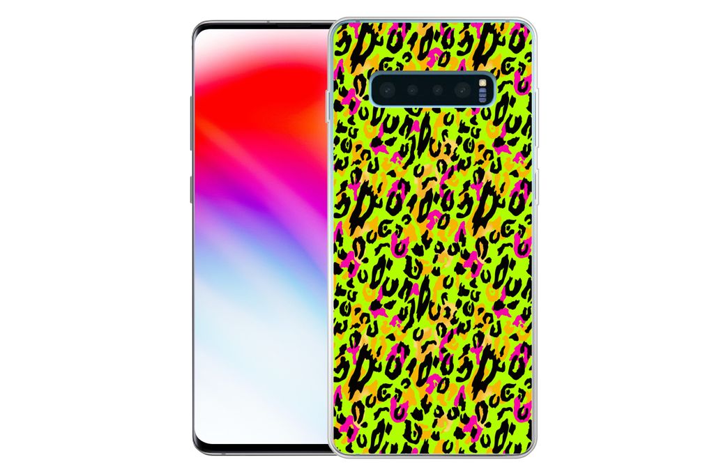 MuchoWow Handyhülle Schutzhülle Hülle für Samsung Galaxy S10 Plus Tierprint - Panther - Neon - Gelb Silikon Softcase Handy Hülle - Schutzhülle