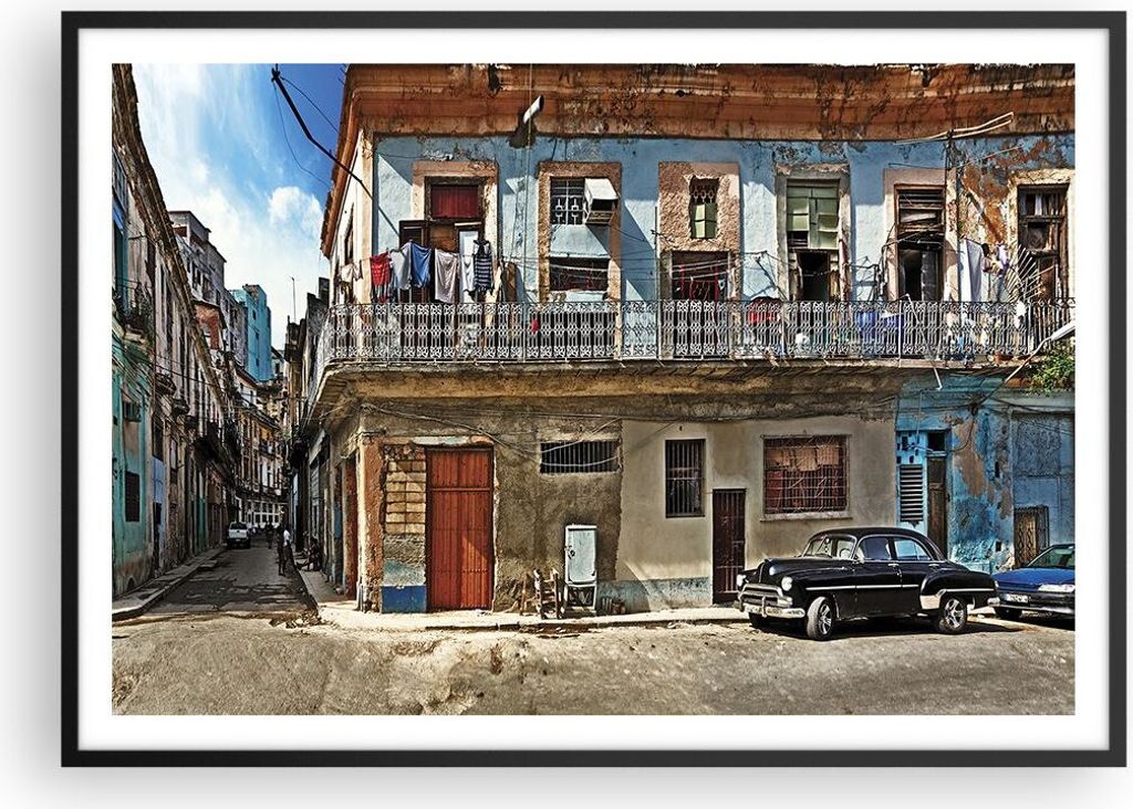 Gerahmtes Poster - Schwarzer Rahmen - Kuba Havanna Balkon - 100x70 cm - Wand Bild - Wanddeko - Wandbilder - Kunstposter - Wandposter - Bilderrahmen...