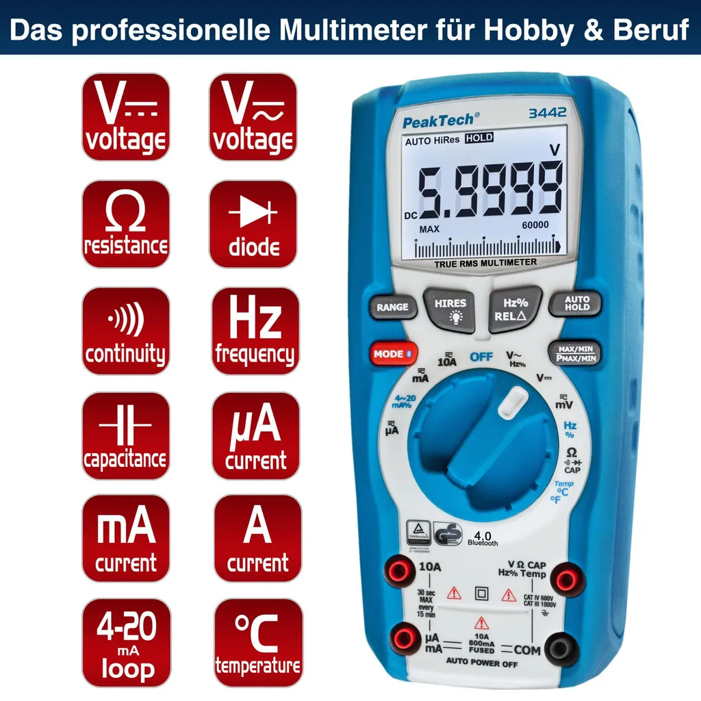 Multimètre numérique professionnel Bluetooth PeakTech P 3442 TrueRMS AC DC - 6