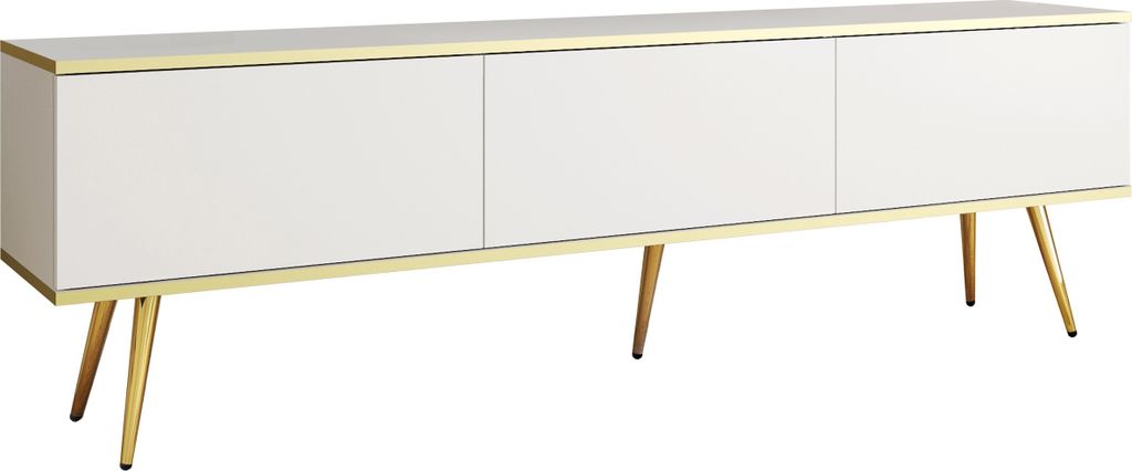 A white TV cabinet with gold trim and legs, shown against a white background.