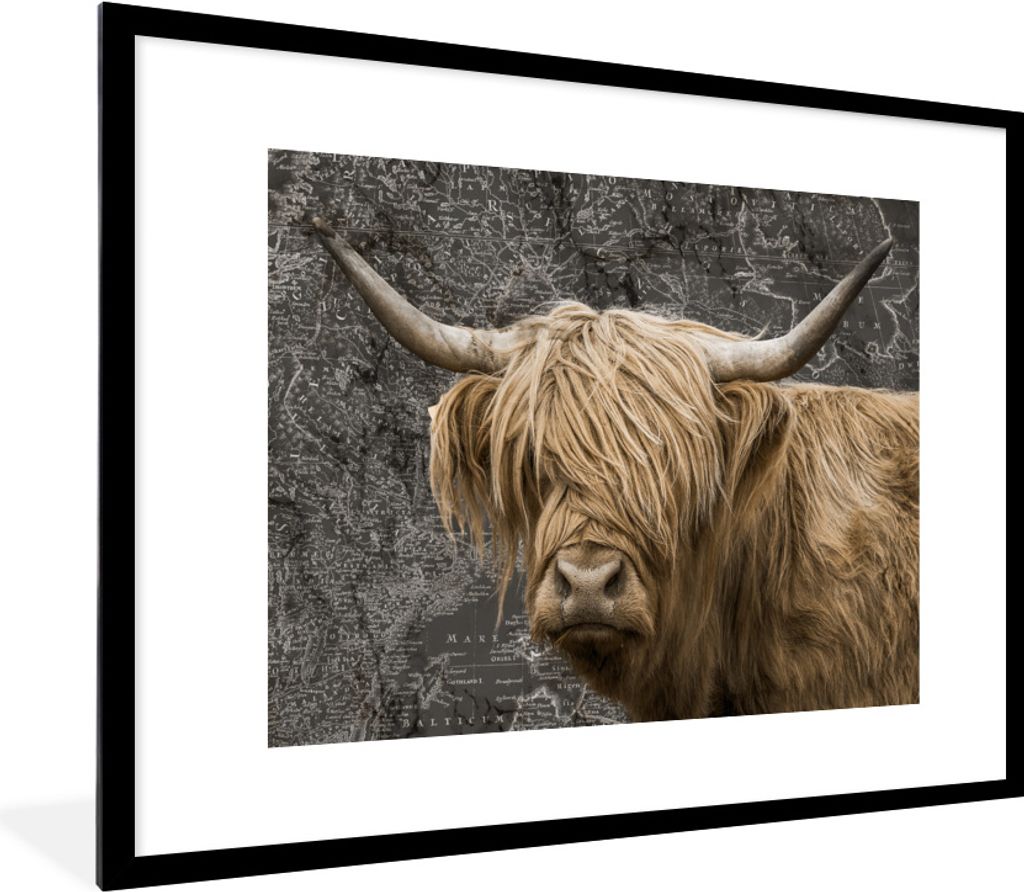 MuchoWow Gerahmtes Poster Weltkarte - Tiere - Schottischer Highlander 80x60 cm - Poster mit Schwarzem Bilderrahmen Wandposter Rahmen Foto Bilder ...