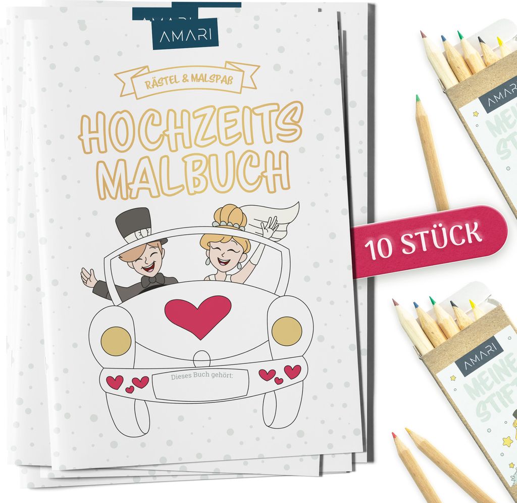 AMARI Hochzeitsmalbuch inklusive Stifte - Gastgeschenk für jede Hochzeit - Kinder Malbuch Set als Beschäftigung für Unterhaltung