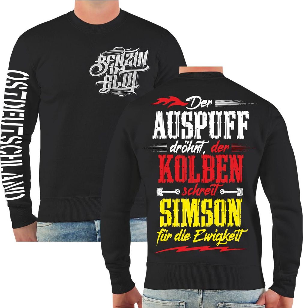 Herren Sweatshirt Benzin im Blut Simson Moped Spruch auf dem Rücken