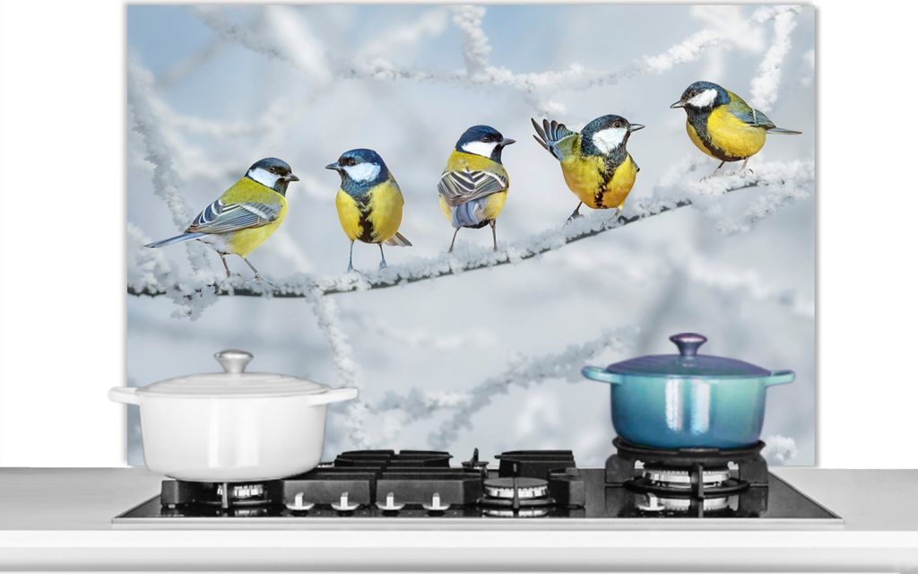 KitchenYeah Spritzschutz Küche - Küchenrückwand - Wandschutz für Herd und Spüle - Vogel - Kohlmeise - Winter - Schnee - Zweige 100x65 - Alu...