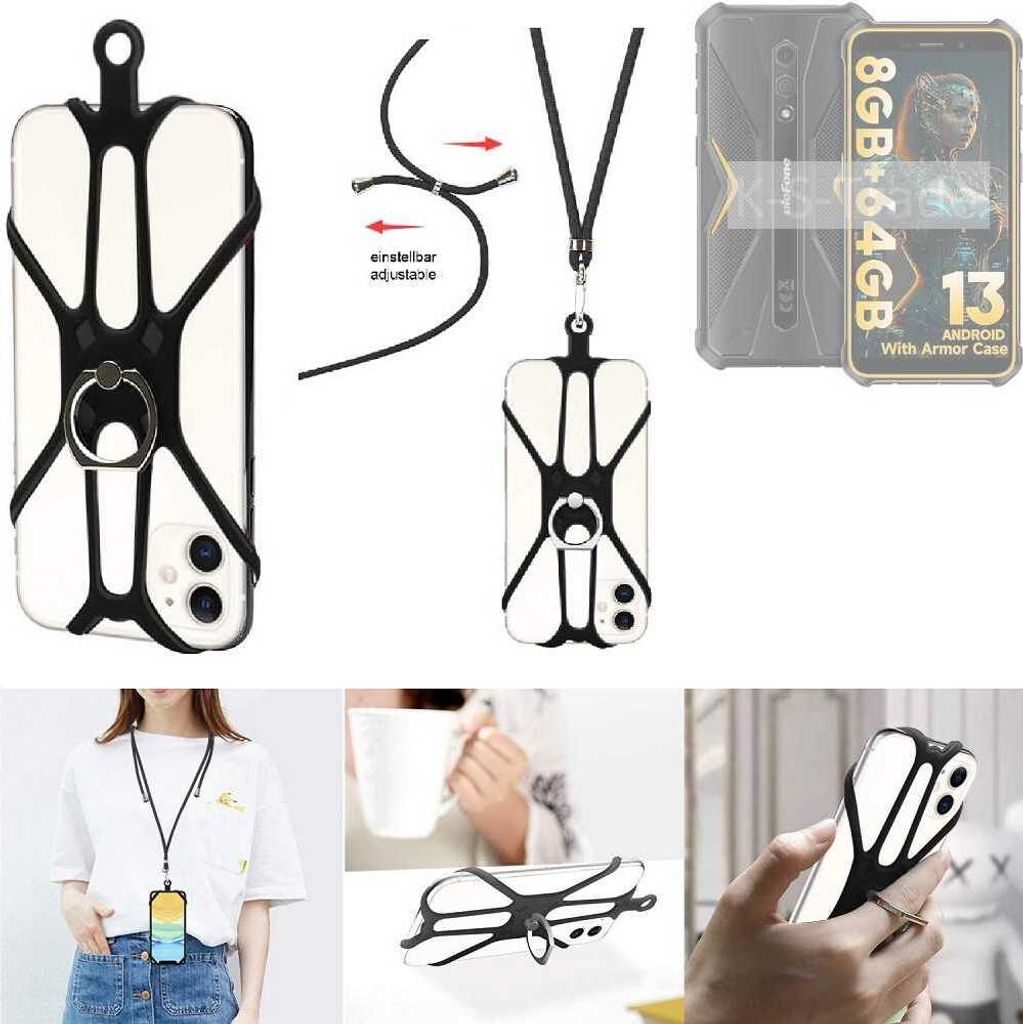 K-S-Trade 3in1 Handykette Handyband Handykordel Halsband Smartphone-Ring Handy-Ring kompatibel mit Ulefone Armor X12 Pro Fingerhalterung Handyring