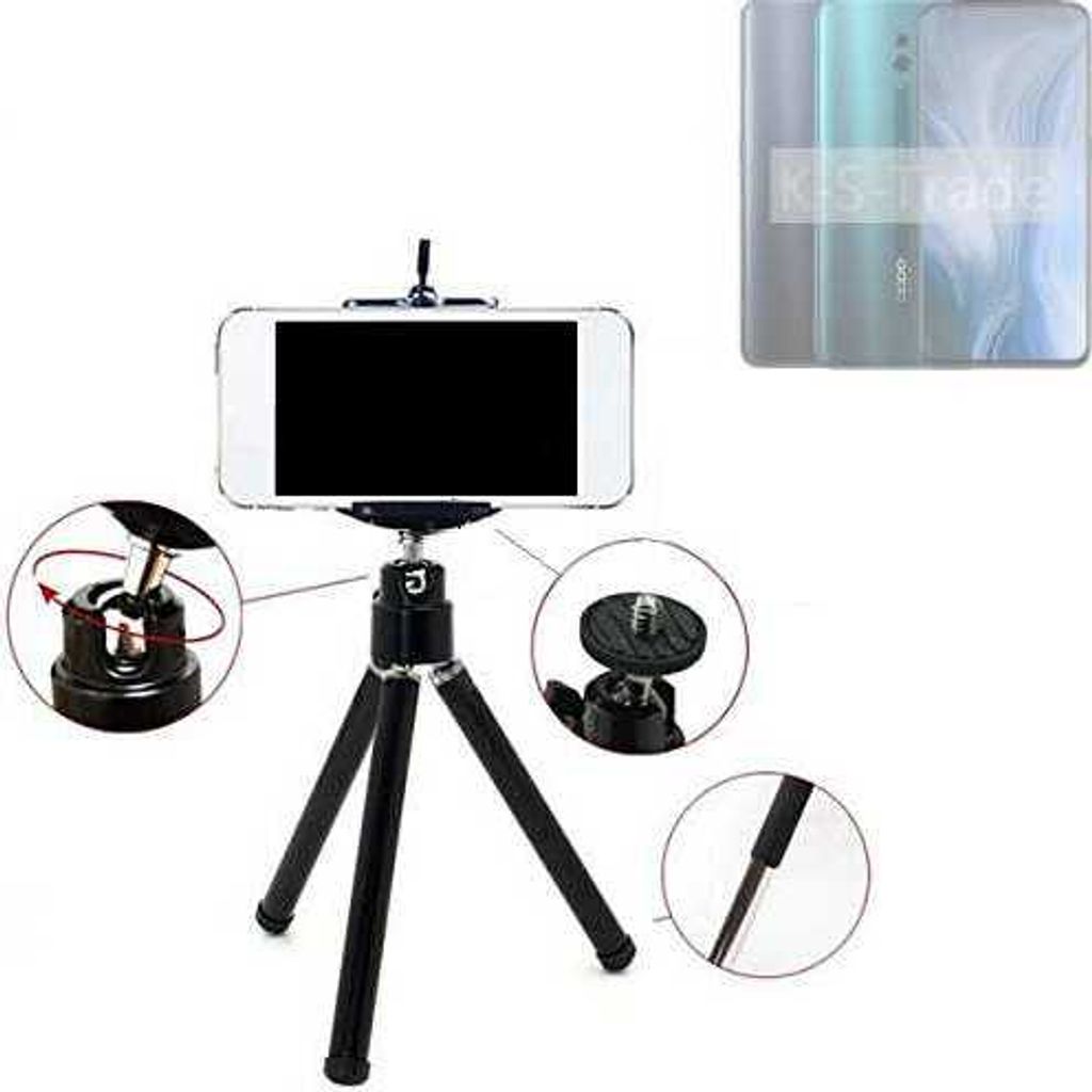 K-S-Trade Smartphone Stativ Dreibein kompatibel mit Oppo Reno10 Pro+ Global Tripod aus Aluminium Klemmstativ Stativ Adapter für Mobiltelefone
