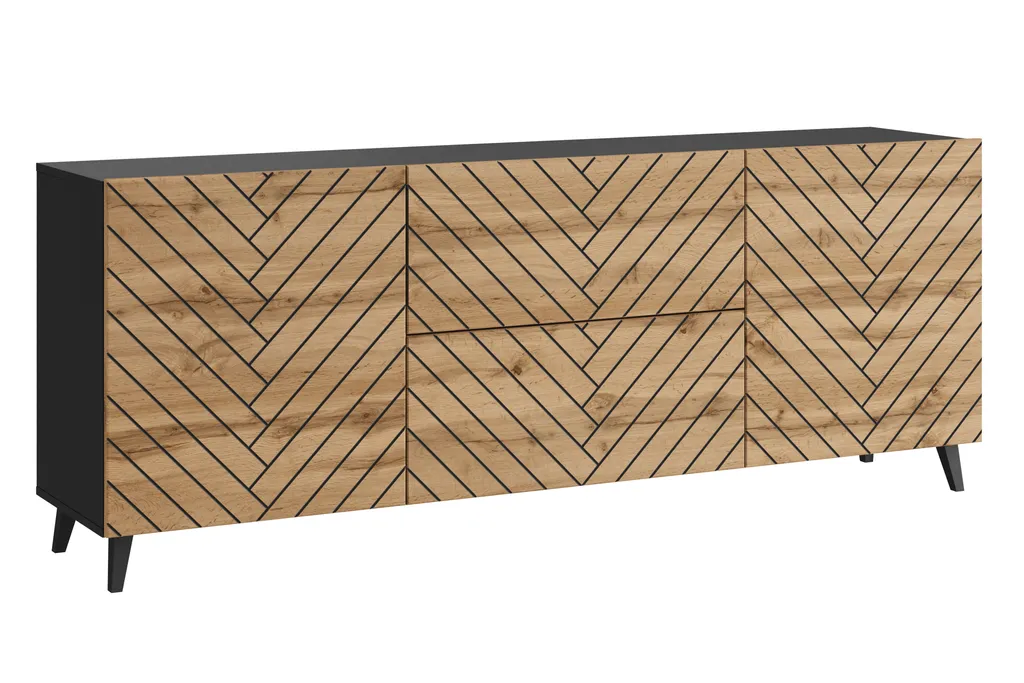 Commode 180 cm LOKET façade chevrons - Design Noir et Chêne Wotan