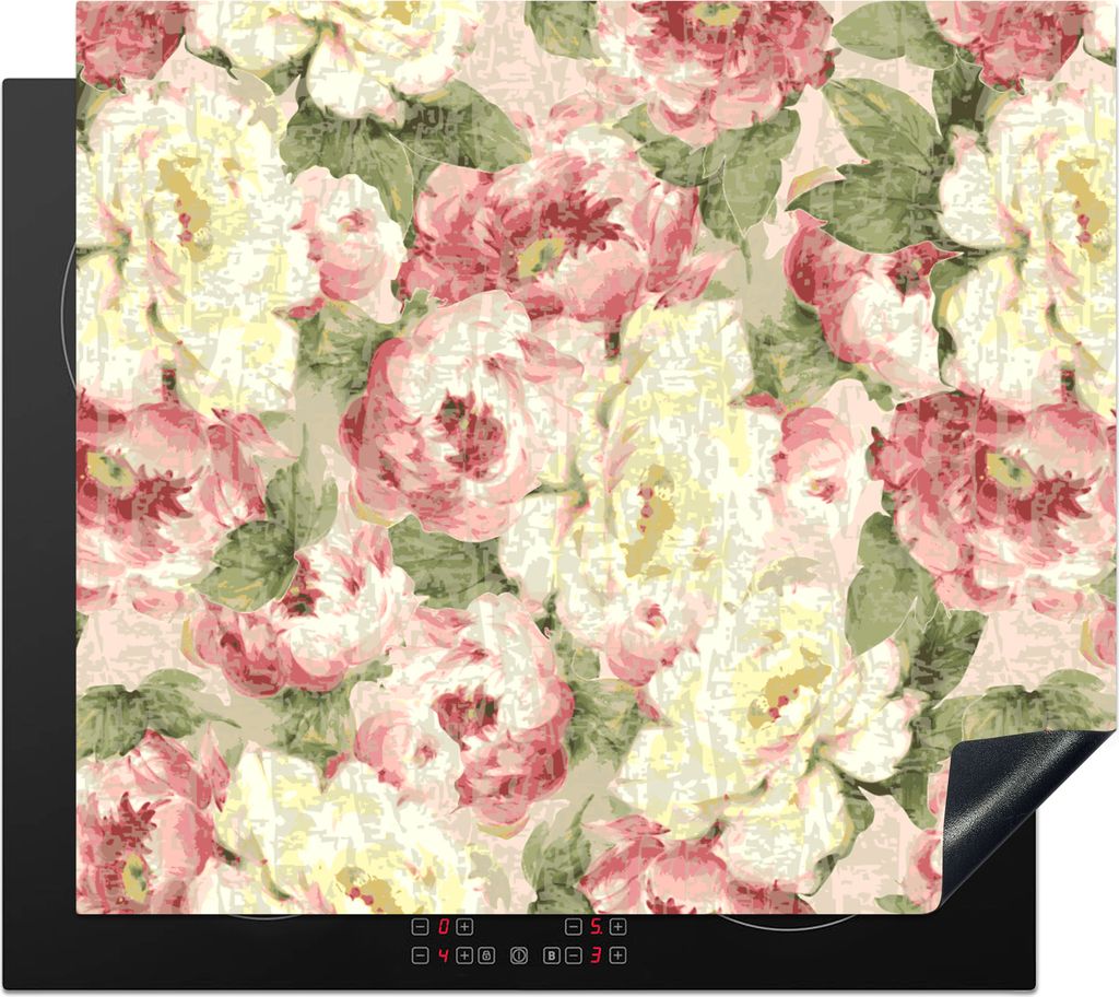 KitchenYeah Herdabdeckplatte Rosen - Vintage - Muster , 57x51cm, Küche Deko, Glaskeramikkochfeld Herdabdeckung, Abdeckplatte fùr Kochfeld