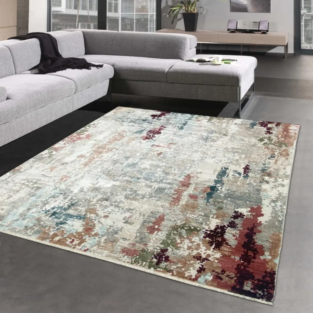 Tapis de salon abstrait en soie brillante bleu turquoise et orange
