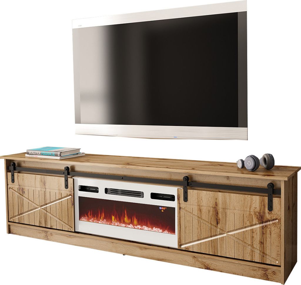 MIRJAN24 TV-Lowboard Granero mit Elektrischem Kamin, Stilvoll TV Schrank, Realistische LED-Flamme (Farbe: Wotan, mit Kamin Weiss)
