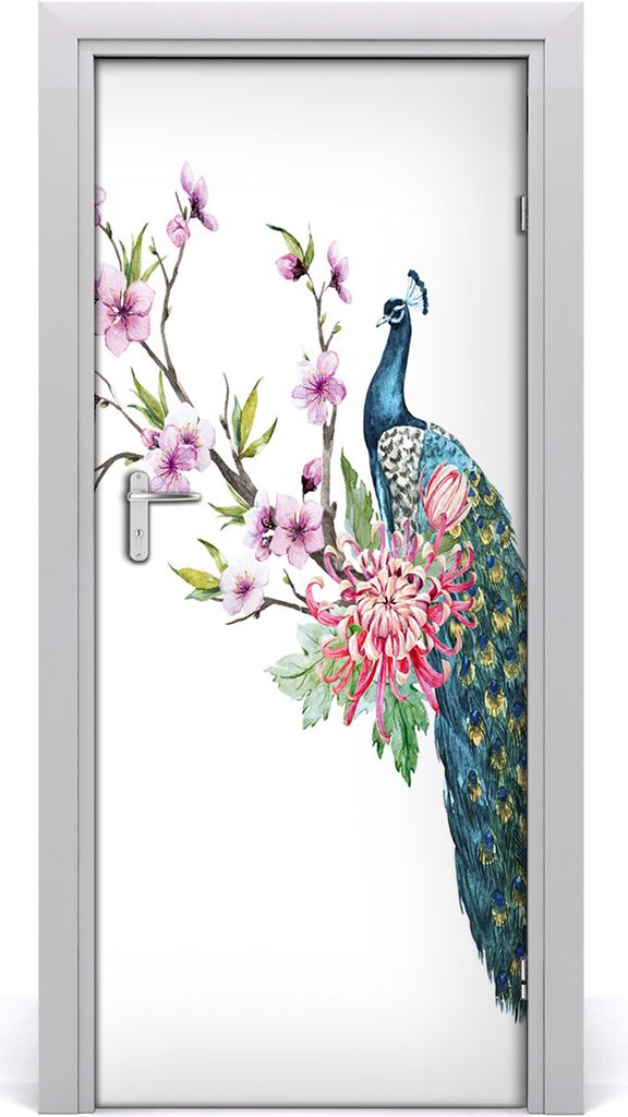 Tulup Türaufkleber 85x205 cm Dekorative Aufkleber Selbstklebend Wasserdichte Tapete Abnehmbar Schlafzimmer Wohnzimmer Wohnkultur - Pfau und Blumen