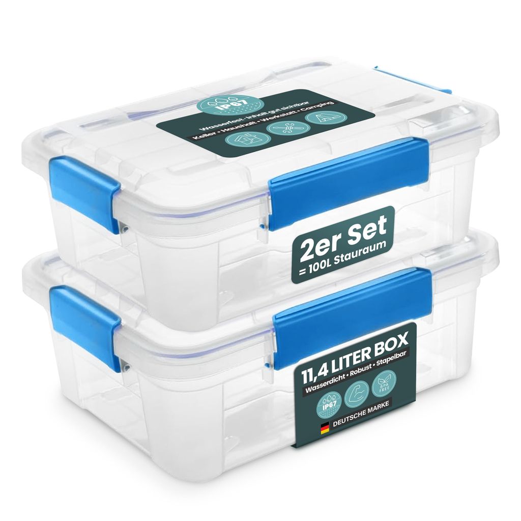 Kreher Aufbewahrungsbox 11.4 L mit Deckel - wasserdicht & staubdicht, transparent & stapelbar, BPA- & schadstofffrei, robuste Kunststoffbox (2 St...